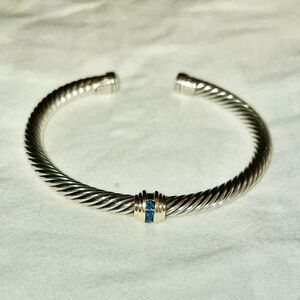 🖤🩶DAVID YURMAN🩶🖤5mm Blue Sapphire 14k Gold Silver Cable Cuff Bracelet